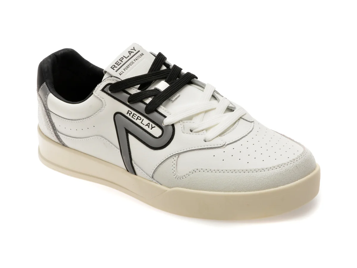 Pantofi Sport Replay Alb-Negru, MZ5N08L, Din Piele Naturala