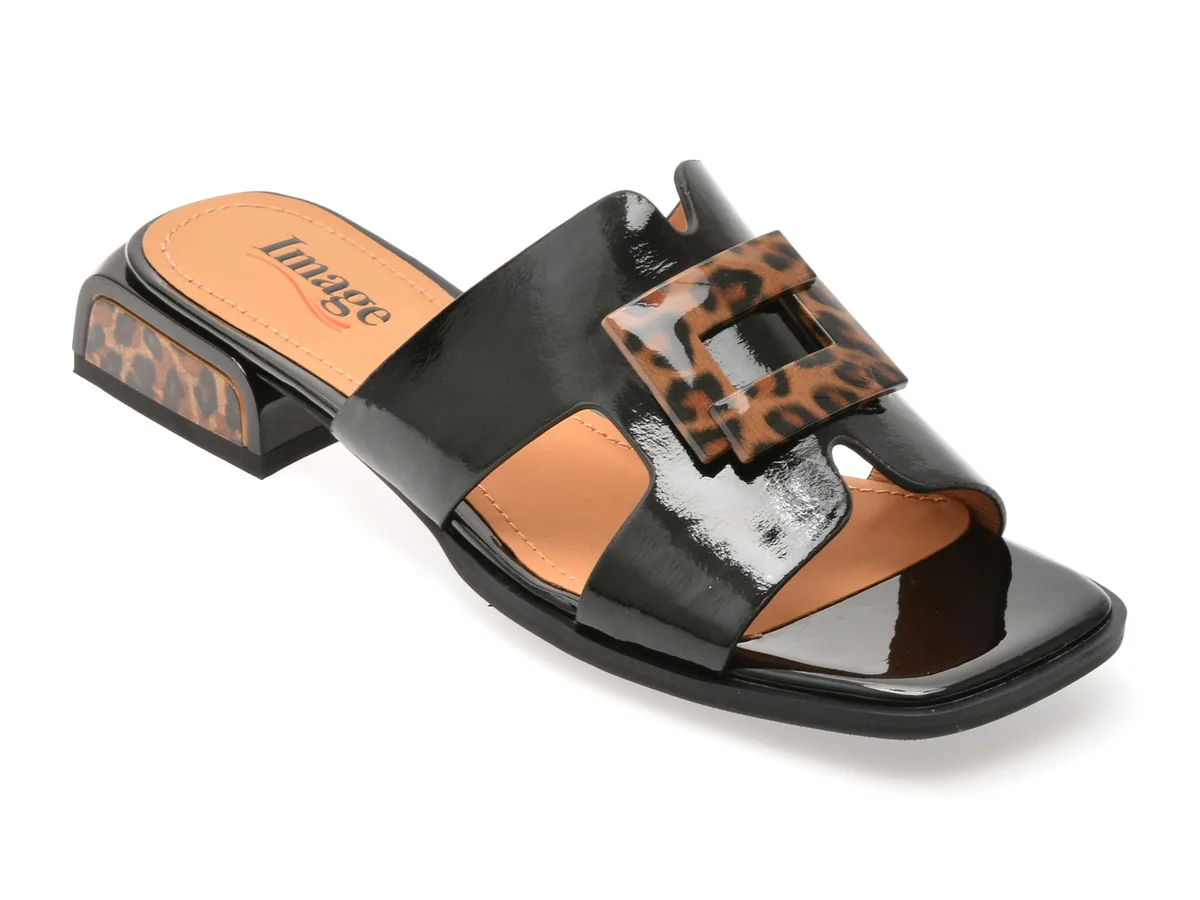 Papuci Image Negri, A74, Din Piele Naturala Lăcuită