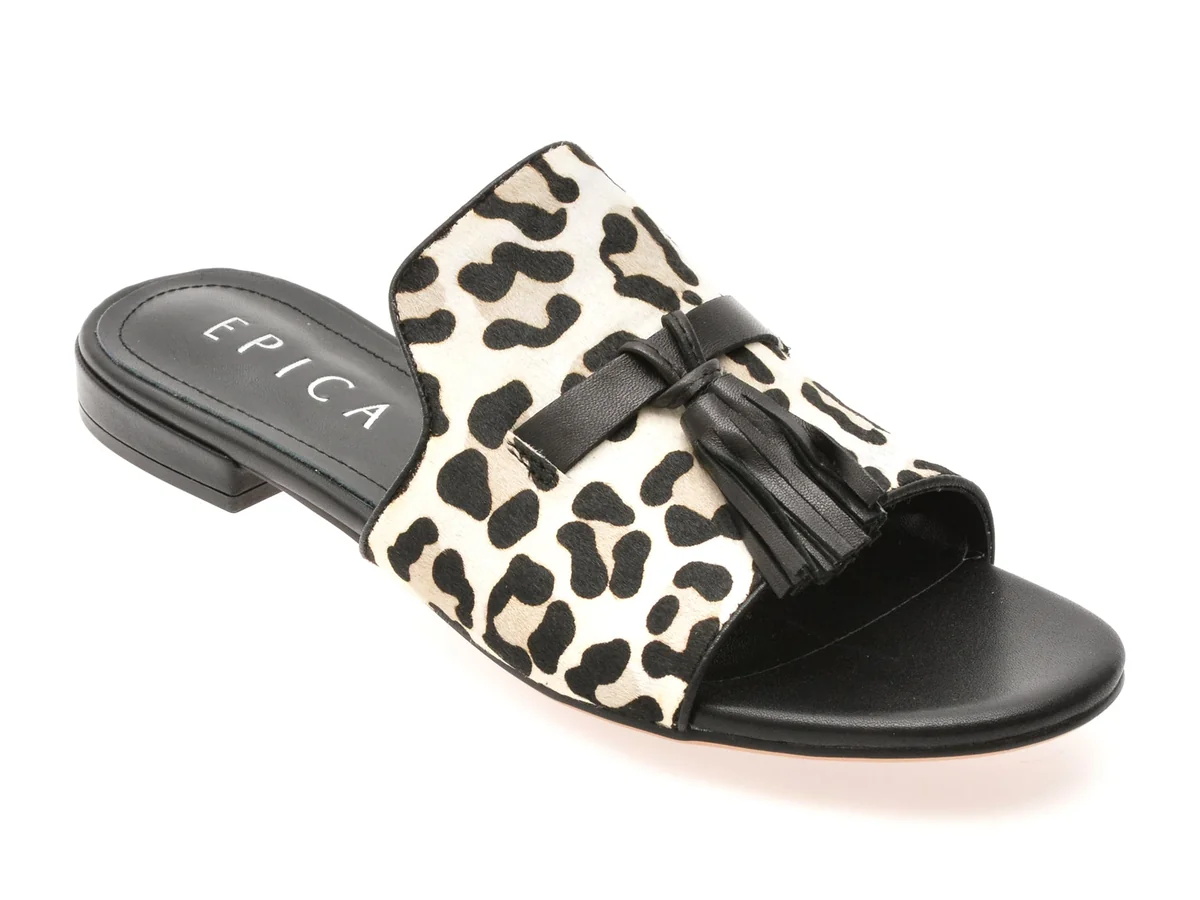 Papuci Epica Alb-Negru, 32523, Din Piele Naturala