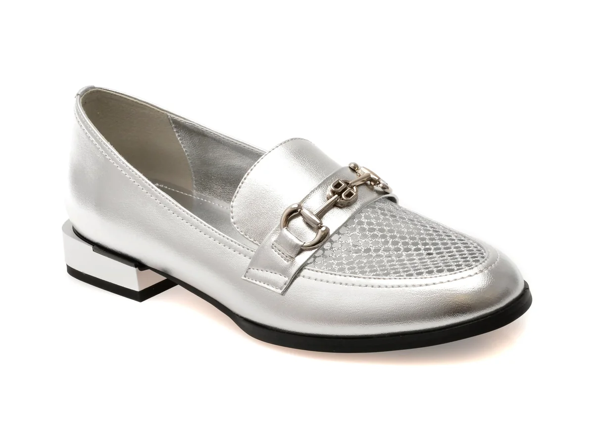 Mocasini Epica Argintii, H138, Din Piele Naturala