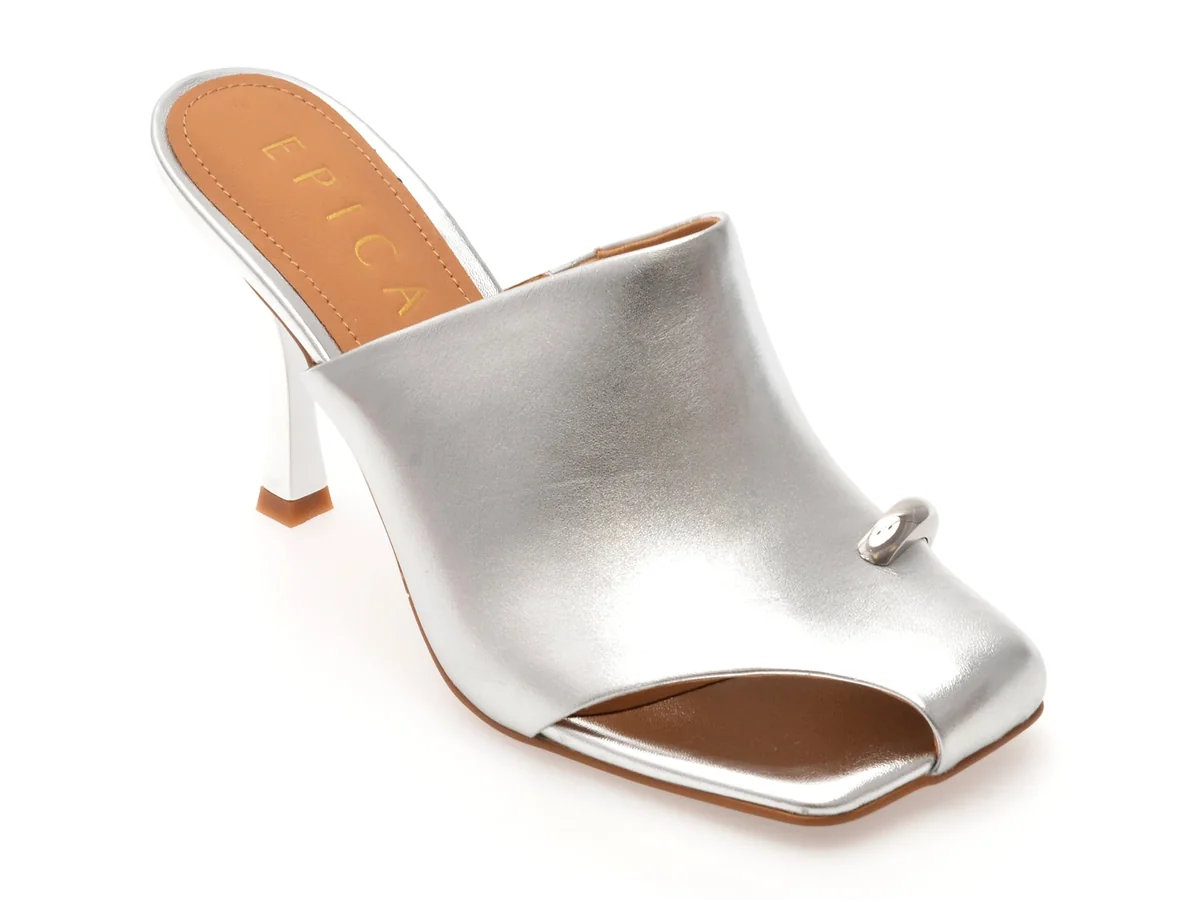 Papuci Epica Argintii, 62L, Din Piele Naturala