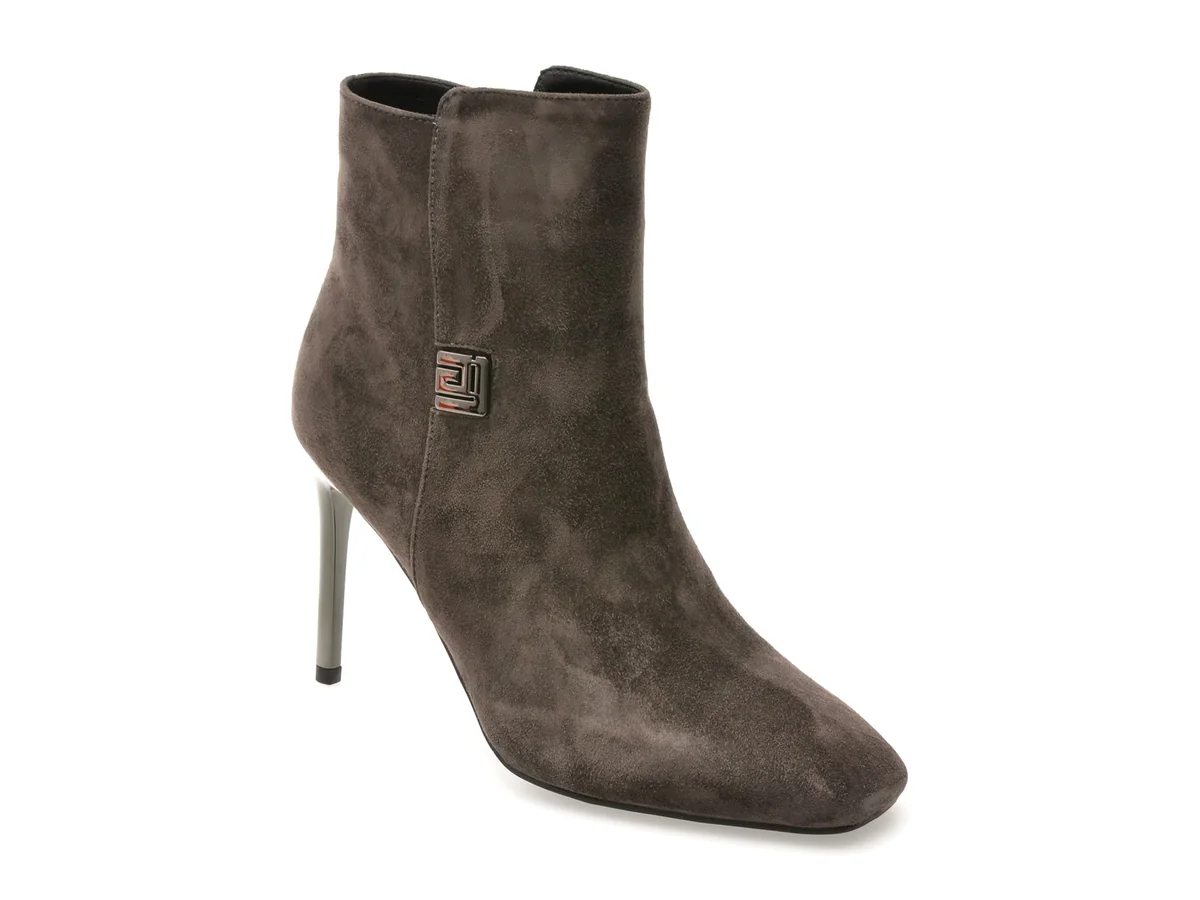 Botine Elegante Epica Gri, J30822, Din Piele Întoarsă