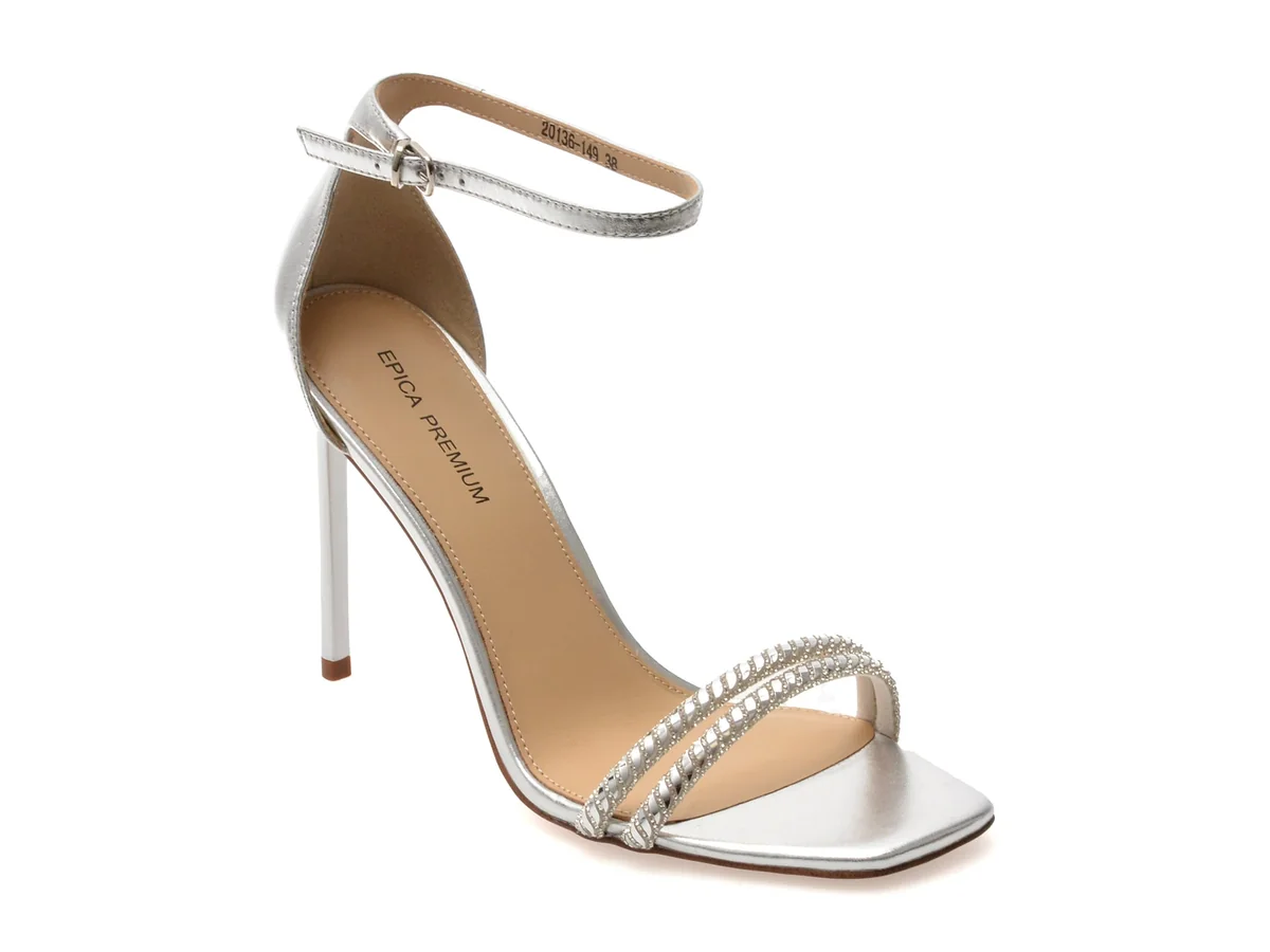 Sandale Elegante Epica Premium Argintii, 20136, Din Piele Naturala