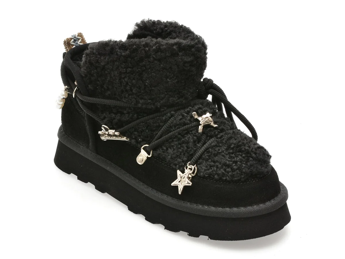 Ghete O-Joo Negre, Britney Fur, Din Material Textil Și Piele Naturală