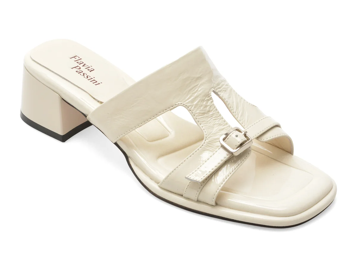 Papuci Flavia Passini Albi, L622, Din Piele Naturala Lăcuită
