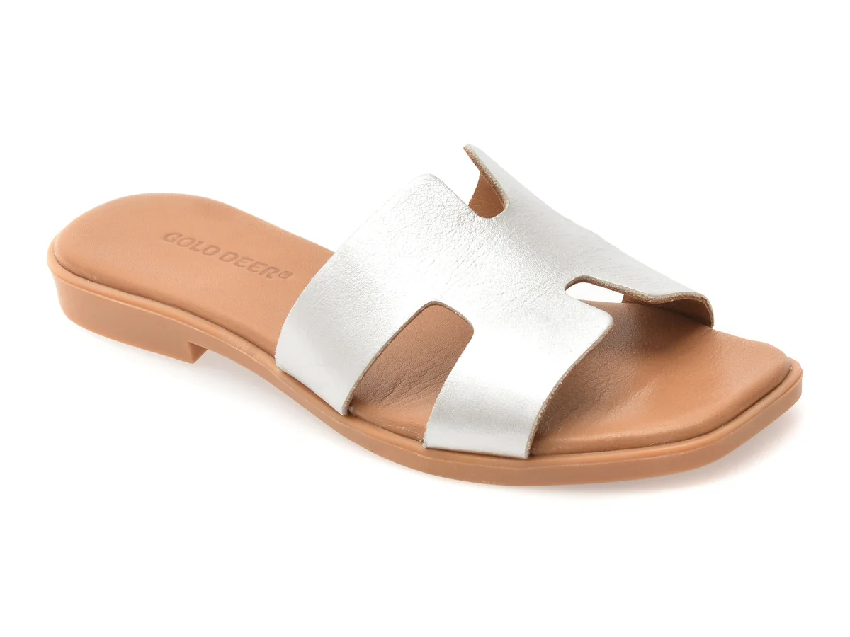 Papuci Gold Deer Argintii, 13175, Din Piele Naturala