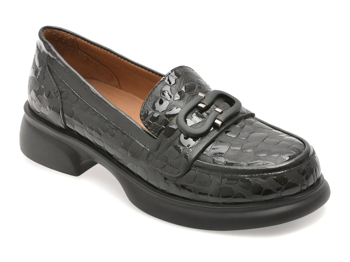 Mocasini Gold Deer Negri, 12142, Din Piele Naturala Lacuita