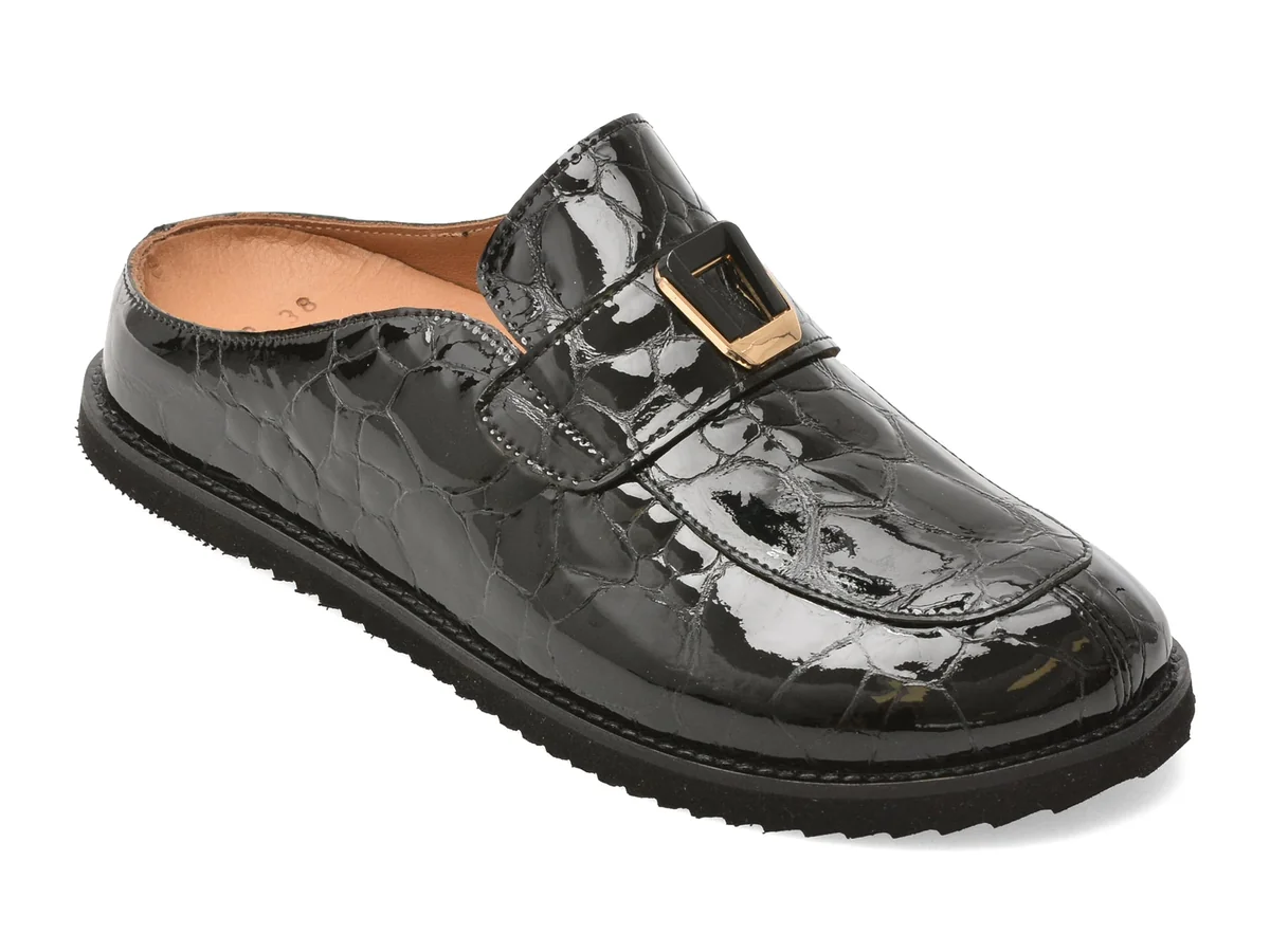 Papuci Epica Negri, 1001303, Din Piele Naturală Lăcuită