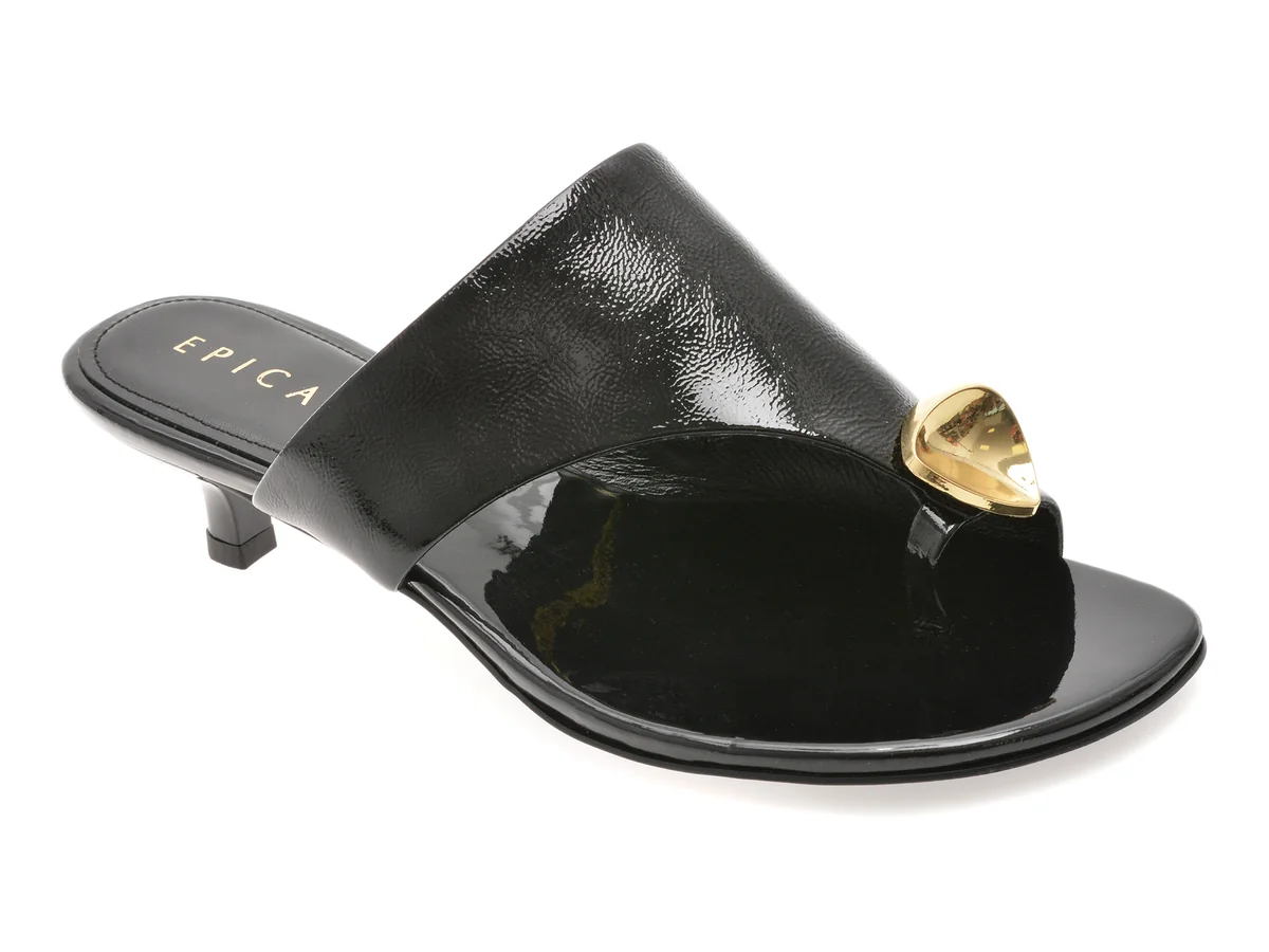 Papuci Epica Negri, E414970, Din Piele Naturala Lacuita