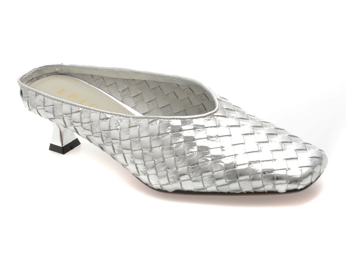 Papuci Epica Argintii, 3721, Din Piele Naturala