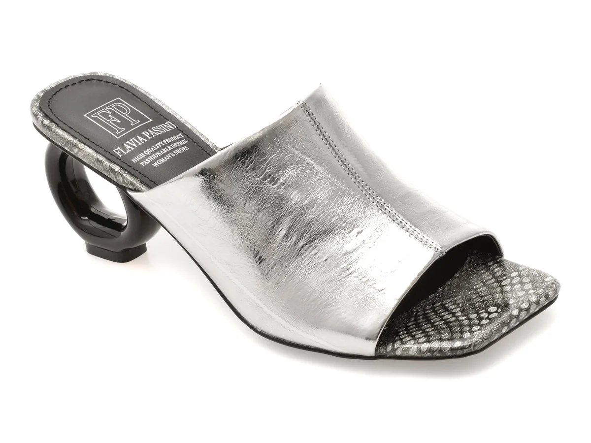 Papuci Flavia Passini Argintii, M1289, Din Piele Naturala