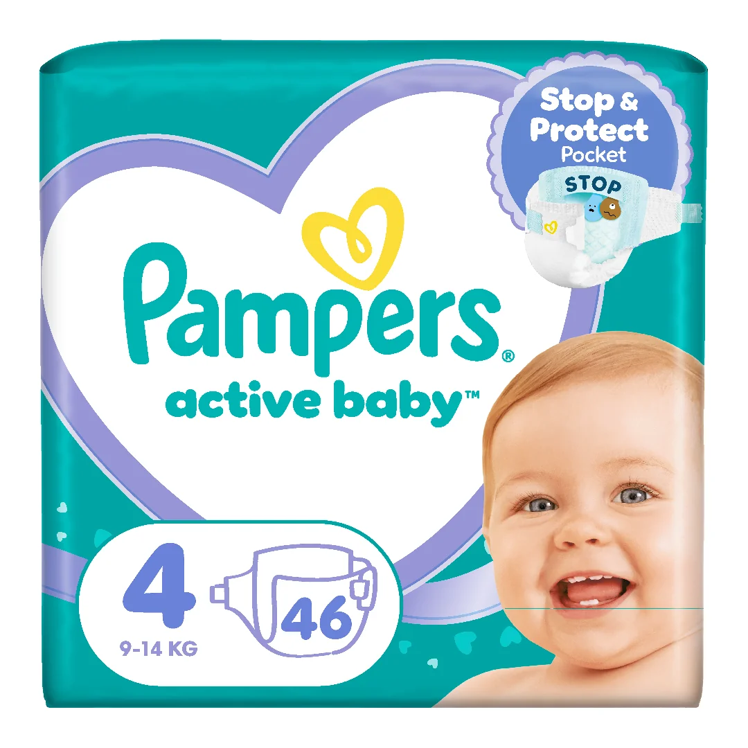 Scutece Active Baby, marimea 4, 9-14 kg, 46 bucati, Pampers