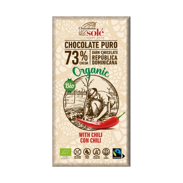 Ciocolata neagra si chilli Bio 73% cacao, 100g, Chocolates Sole