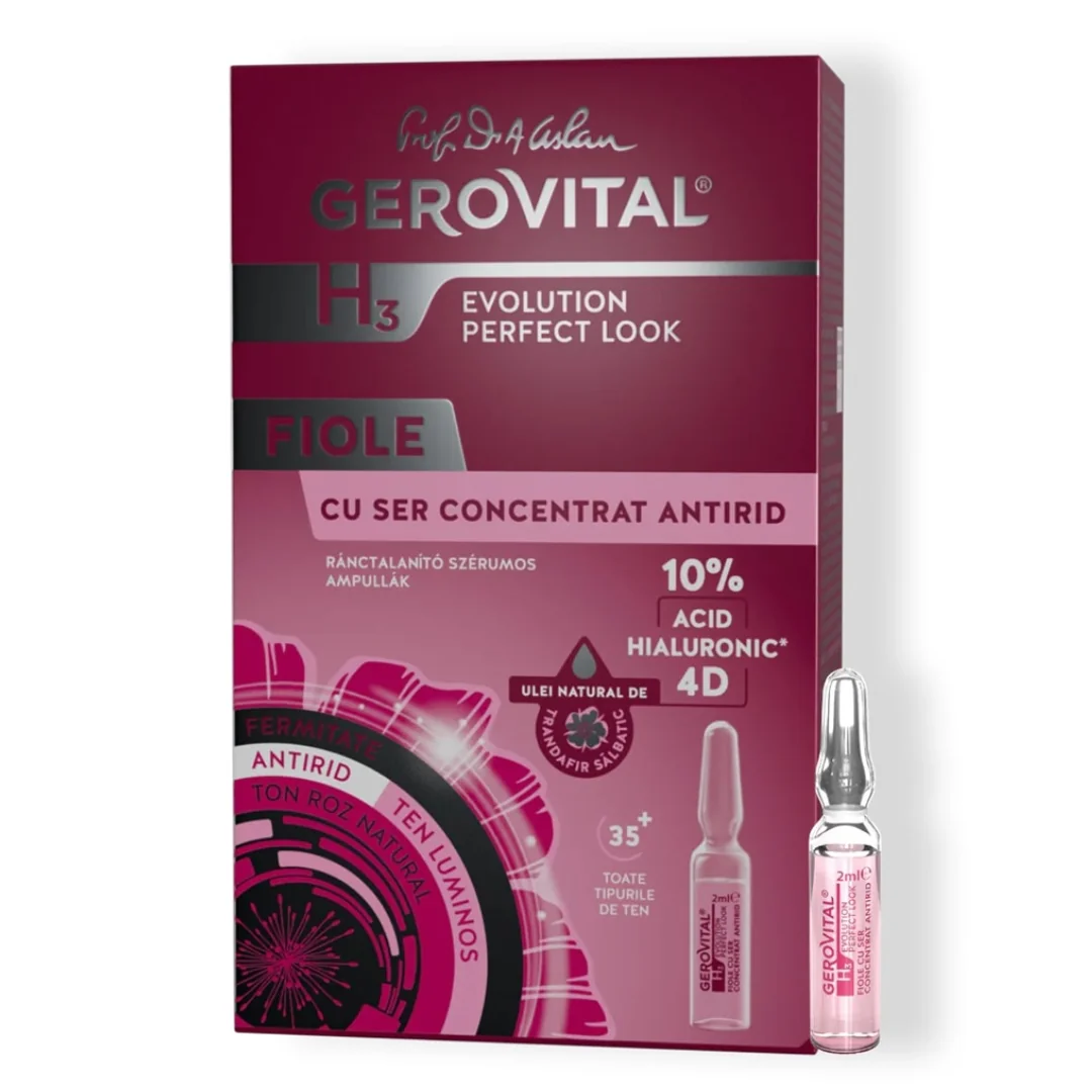 Fiole cu ser concentrat antirid cu Acid Hialuronic 10% 4D H3 Evolution Perfect Look, 10 fiole*2 ml, Gerovital