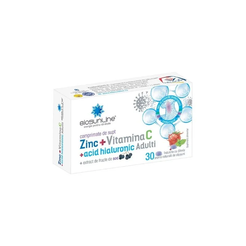 Zinc cu Vitamina C si Acid Hialuronic, 30 comprimate de supt, Helcor