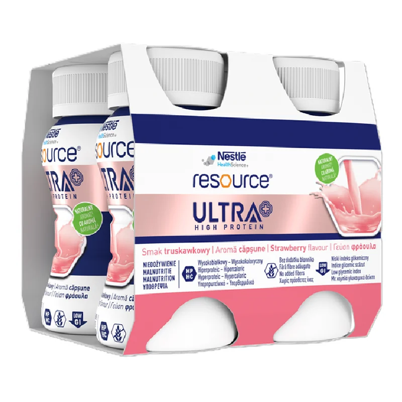 Resource Ultra+ High Protein cu aroma de capsuni, 4*125 ml, Nestle