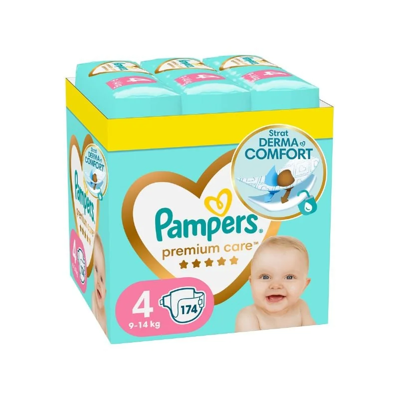 Scutece Premium Care, Marimea 4, 9-14 Kg, 174 Bucăți, Pampers