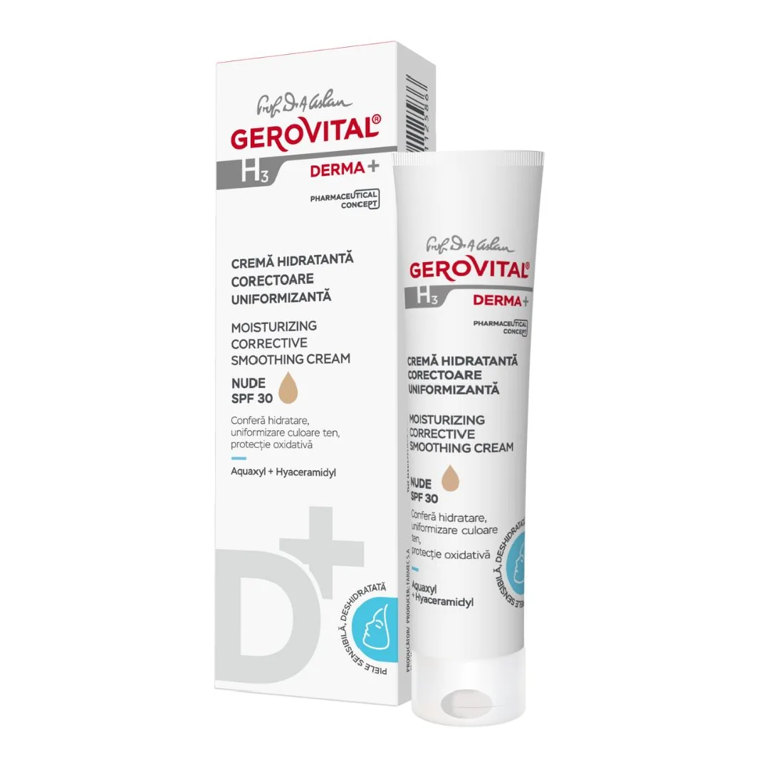 Crema Hidratanta Corectoare Uniformizanta H3 Derma+, Nude, 30 Ml, Gerovital