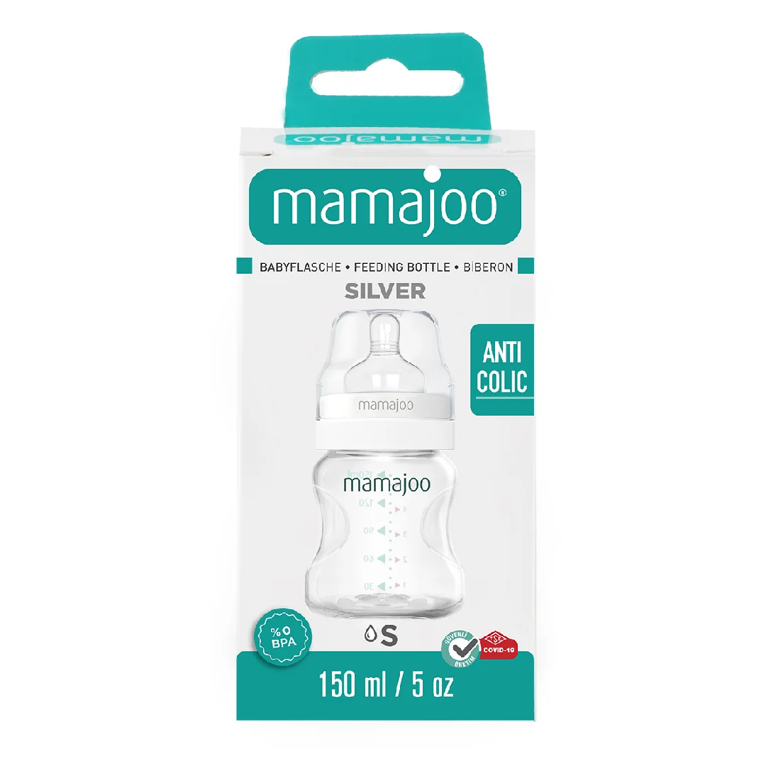 Biberon Silver, Tetina Anti-Colici Nr.1/S, 150 Ml, 1 Bucată, Mamajoo