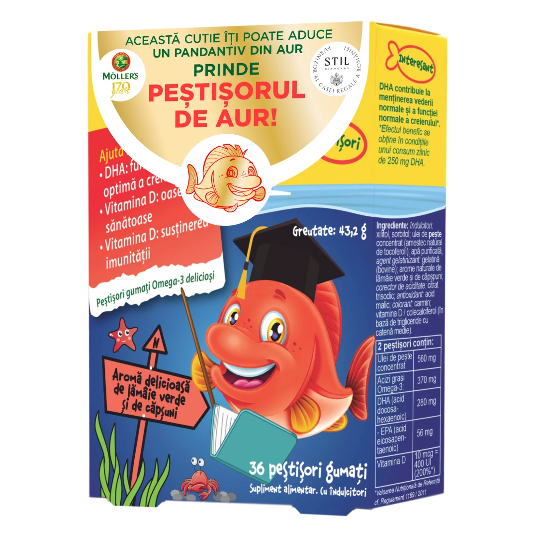 Pestisori Gumați Cu Omega 3, Aromă De Lămâie Verde Și Căpșuni, 36 Jeleuri, Moller's