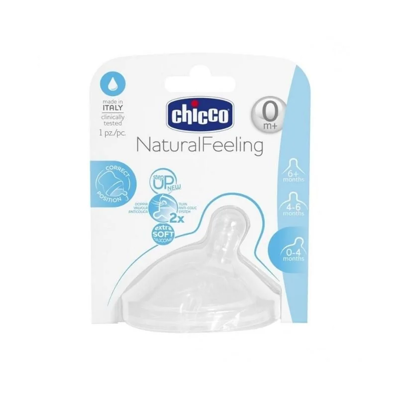 Chicco Natural Feeling Tetina Silicon Inclinata, Flux Normal, 0 Luni+