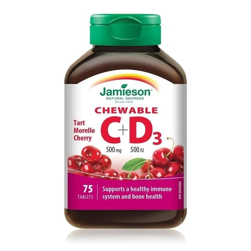 Vitamina C 500Mg + Vitamina D 500 Ui Cu Aroma De Cirese, 75 Tablete Masticabile, Jamieson
