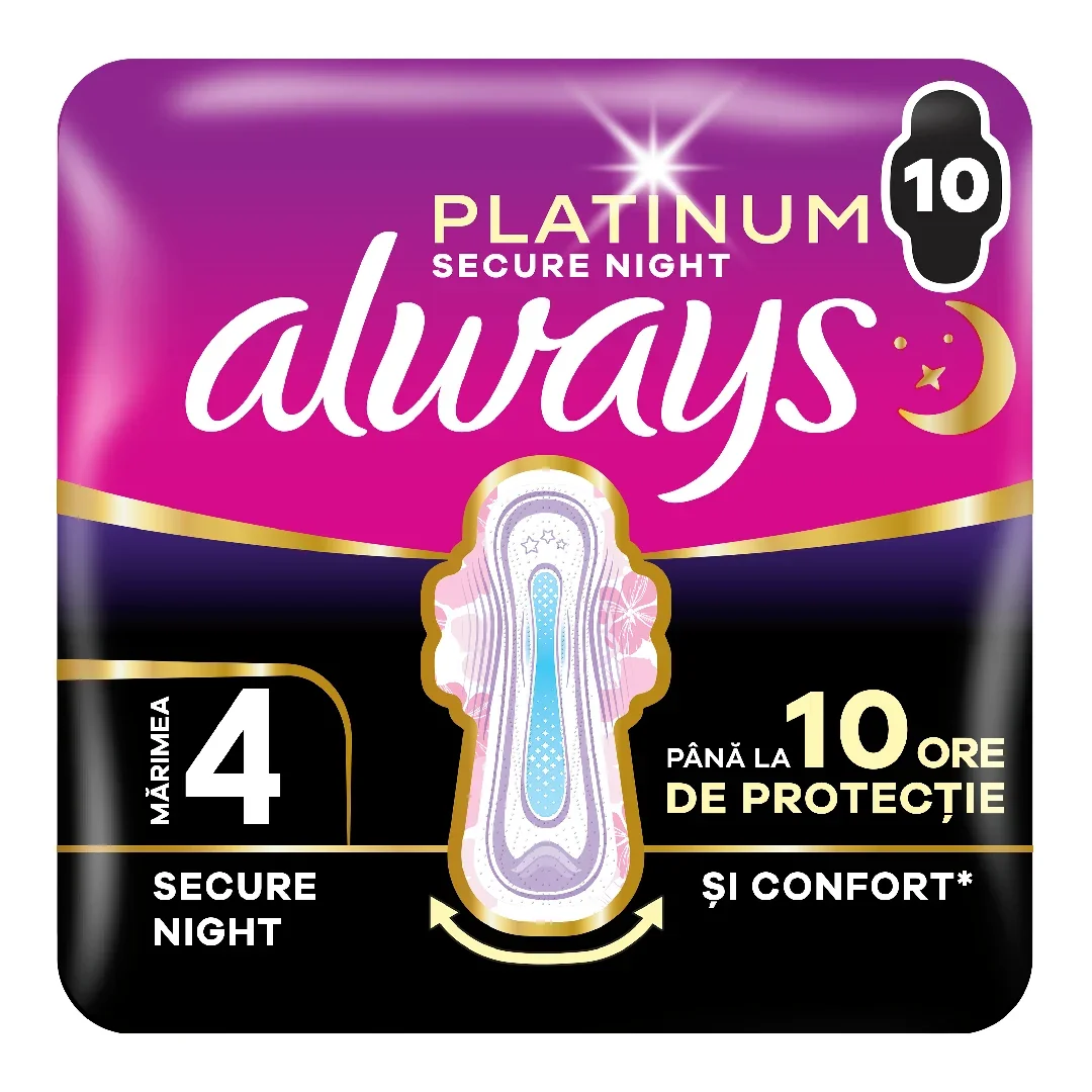 Absorbante Platinum Secure Night Duo Pack, 10 Bucăți, Always