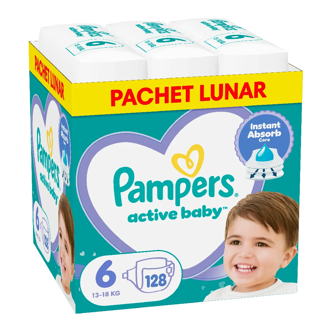 Scutece Active Baby, Marimea 6 Extra Large, 13 - 18 Kg, 128 Bucati, Pampers
