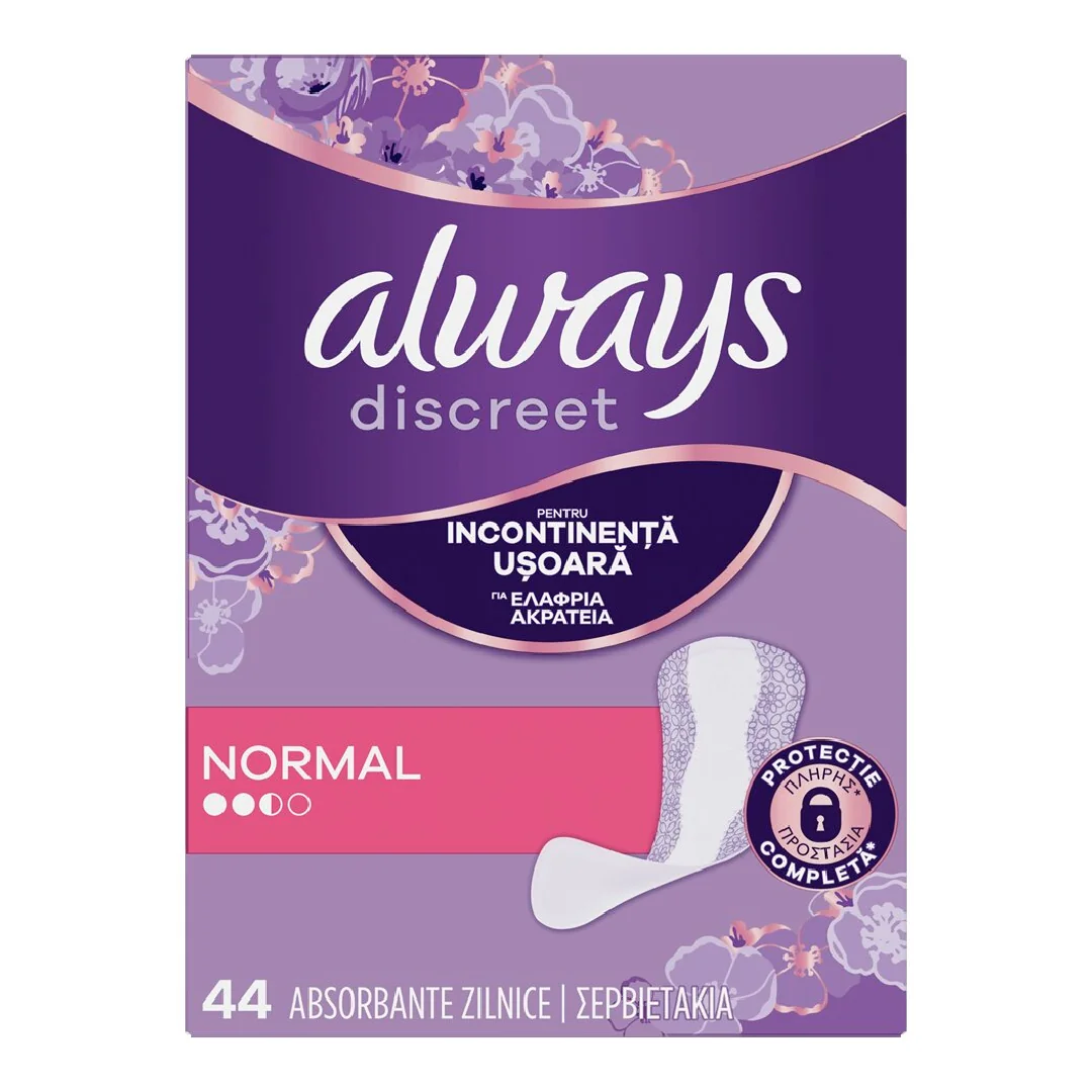 Absorbante Zilnice Pentru Incontinenta Urinara Discreet Normal, 44 Bucati, Always