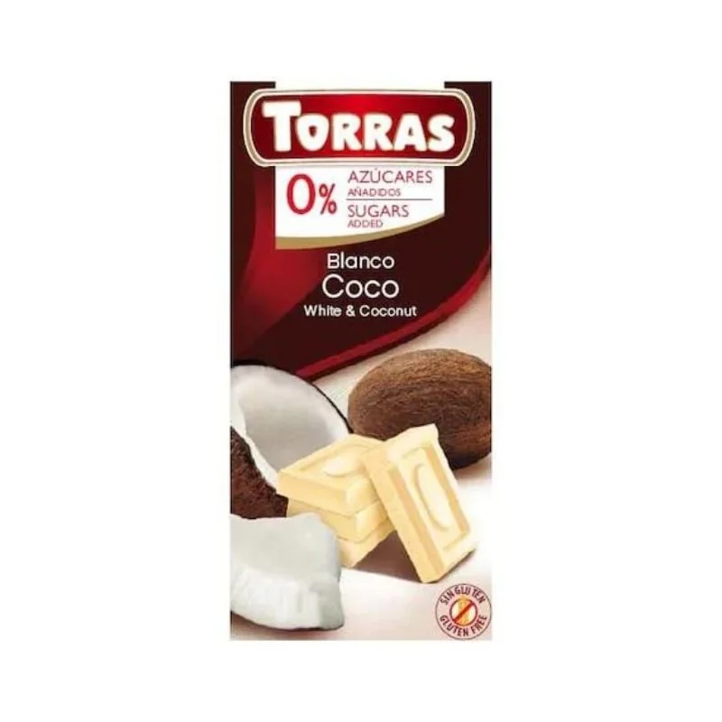 TORRAS Ciocolata Alba Cu Cocos Fara Zahar Si Gluten, 75g
