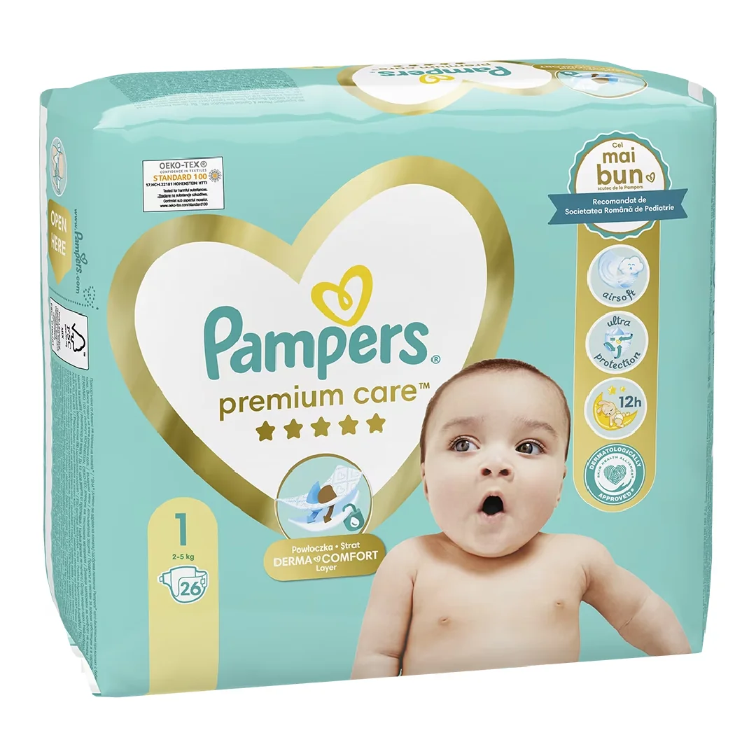 Pampers Scutece Premium Care Junior Marimea 1, 2-5 Kg, 26 Bucati