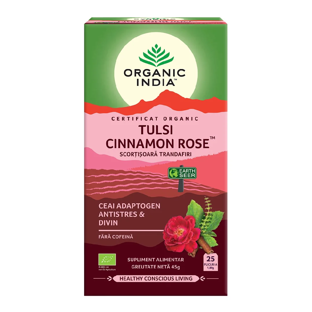 Ceai Bio Tulsi Scorțișoară Ceylon Și Trandafir, 25 Plicuri, Organic India