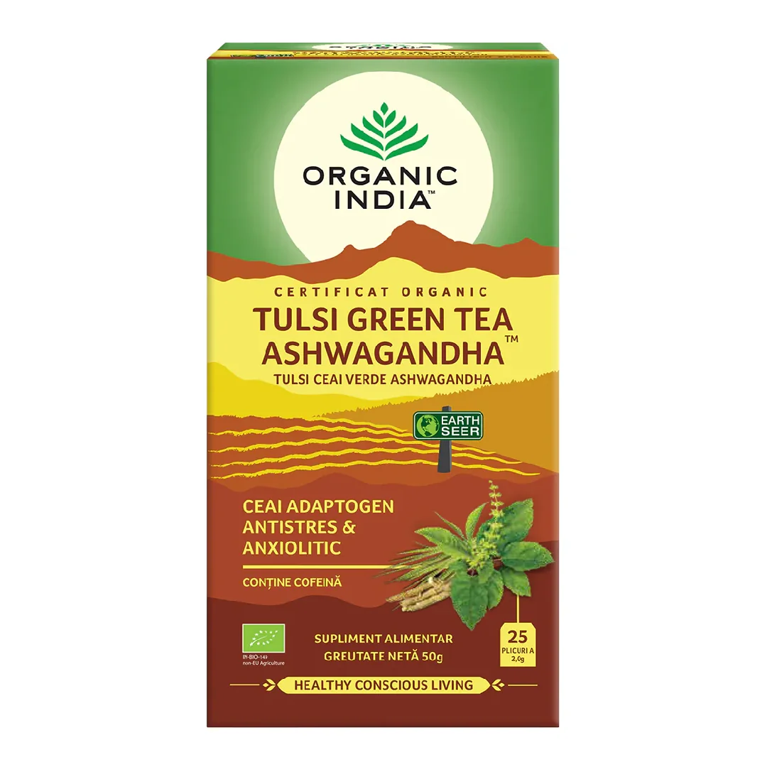Ceai Bio Tulsi Ashwagandha Și Ceai Verde, 25 Plicuri, Organic India