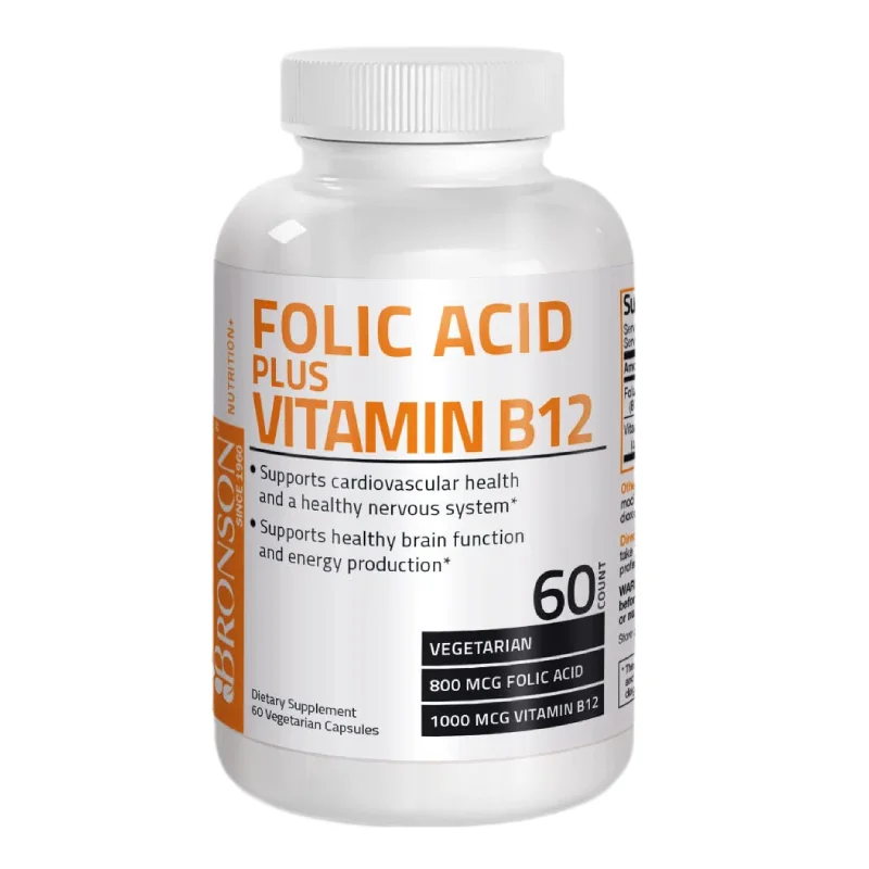 Acid Folic 800 MCG + Vitamina B12 1000 MCG, 60 Capsule, Bronson Laboratories