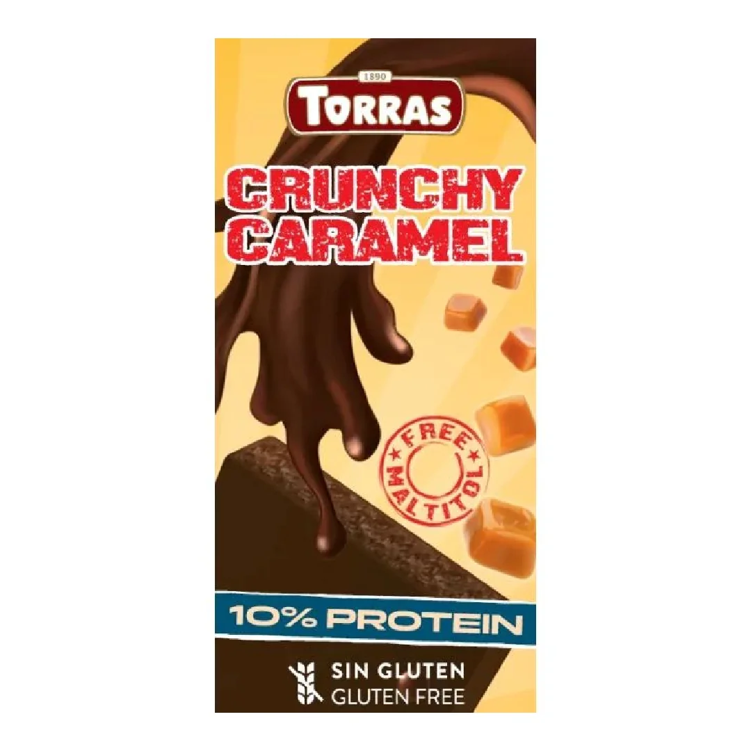 Ciocolata Neagra Proteica Crunchy Caramel, 100g, Torras