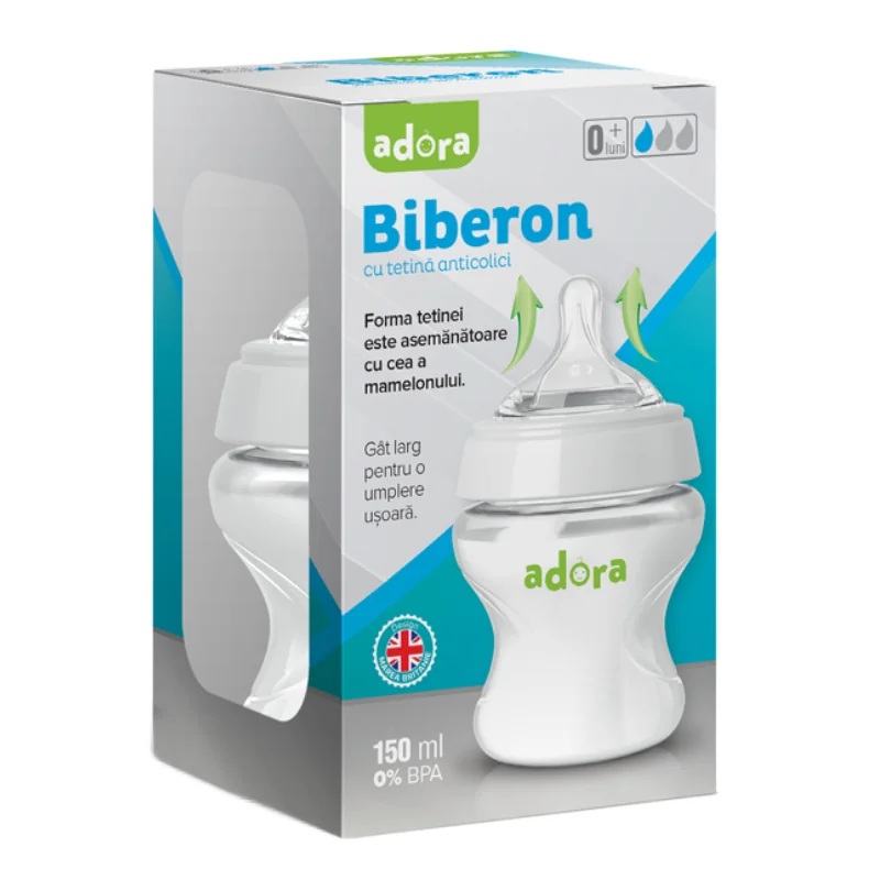 Biberon Cu Gat Larg Si Tetina Anticolici, 0-3 Luni, 150 Ml, Adora
