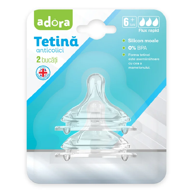 Tetina Anticolici Cu Flux Rapid, 6 Luni+, 2 Bucati, Adora