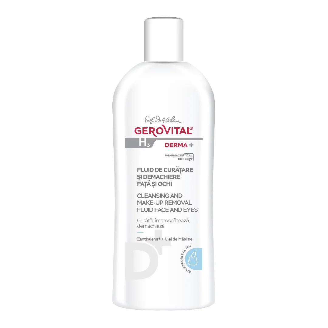 Fluid De Curatare Si Demachiere Fata Si Ochi H3 Derma+, 200 Ml, Gerovital