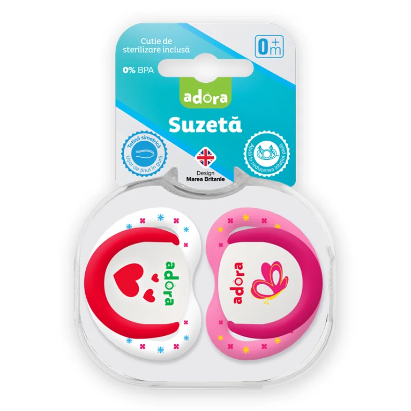 Suzeta Din Silicon, Cu Cutie De Sterilizare, 0-6 Luni, Design Față, 2 Bucăți, Adora