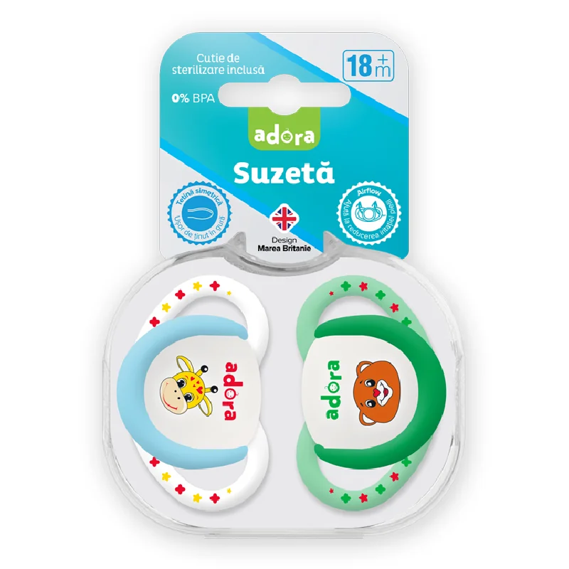 Suzeta Din Silicon, Cu Cutie De Sterilizare, 18 Luni+, Design Baiat, 2 Bucati, Adora