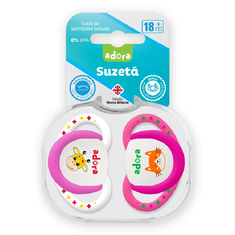 Suzeta Din Silicon Cu Cutie De Sterilizare, 18 Luni+, Design Față, 2 Bucăți, Adora