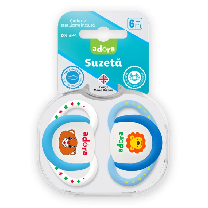 Suzeta Din Silicon, Cu Cutie De Sterilizare, 6-18 Luni, Design Băiat, 2 Bucăți, Adora
