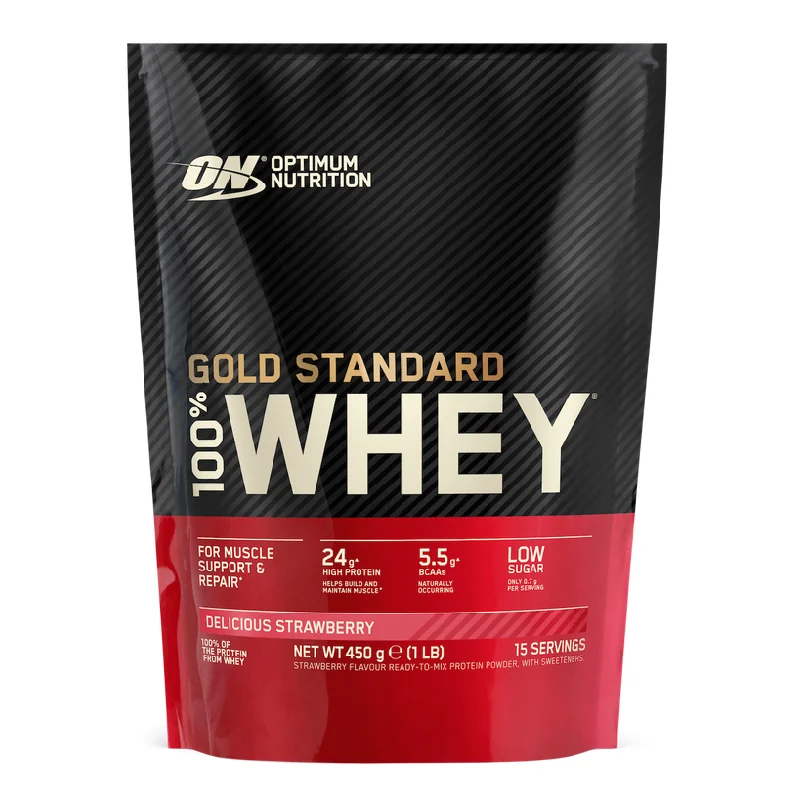 Proteine Din Zer, Pudra Proteica, ON 100% Whey Gold Standard, Capsuni, 450g, Optimum Nutrition