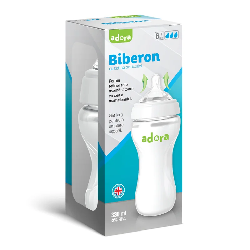 Biberon Cu Gat Larg Și Tetina Anticolici, 6 Luni+, 330 Ml, Adora