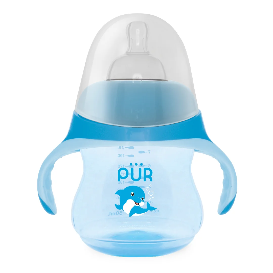 Biberon Cu Mânere Tip Delfin, Albastru, 230 Ml, Pur