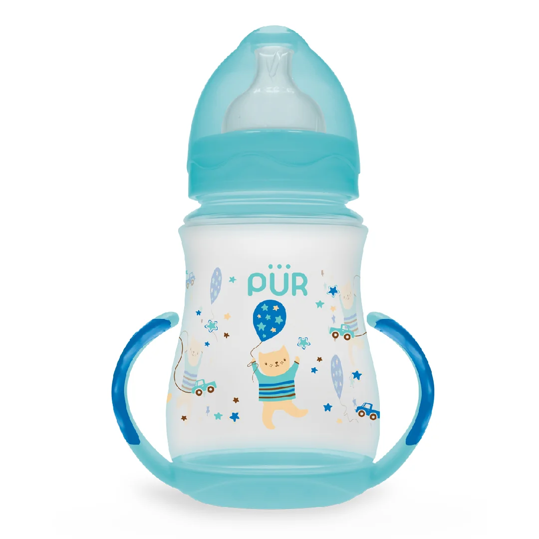 Biberon Cu Gura Larga, Desen Si Manere, Verde, +6 Luni, 250 Ml, Pur