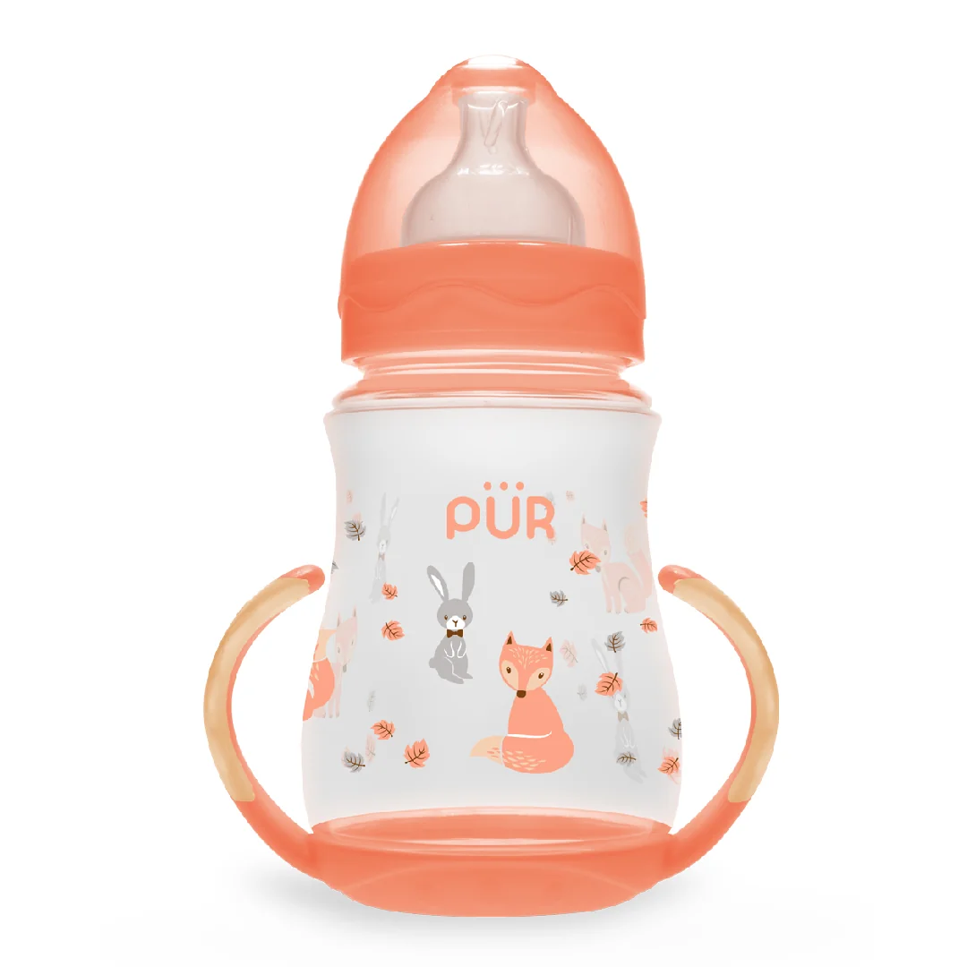 Biberon Cu Gura Larga, Desen Si Manere, Piersica, +6Luni, 250ml, Pur