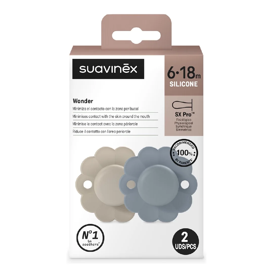 Suzeta Fiziologica Din Silicon Wonder, 6-18 Luni, Gri-Marine, 2 Bucati, Suavinex