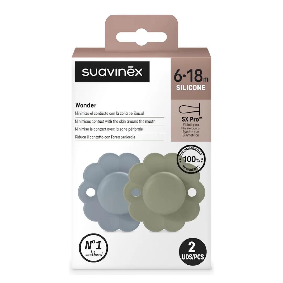 Suzeta Fiziologica Din Silicon Wonder, 6-18 Luni, Verde-Marine, 2 Bucati, Suavinex