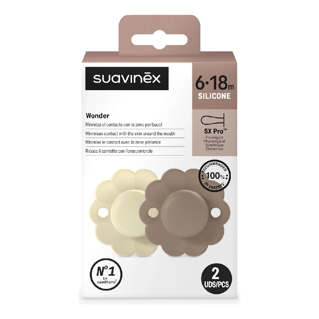 Suzeta Fiziologica Din Silicon Wonder, 6-18 Luni, Crem-Maro, 2 Bucati, Suavinex